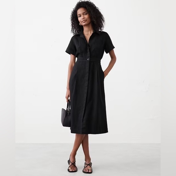 NWT! Banana Republic Black Linen-Blend Midi Shirtdress - Size Large 🐥 - Picture 1 of 7